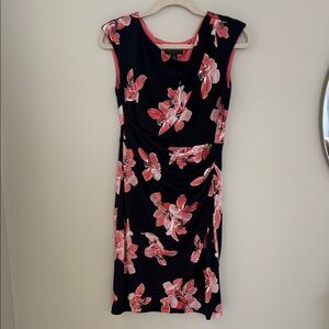 Connected Apparel Navy and Pink Floral Midi Dress
